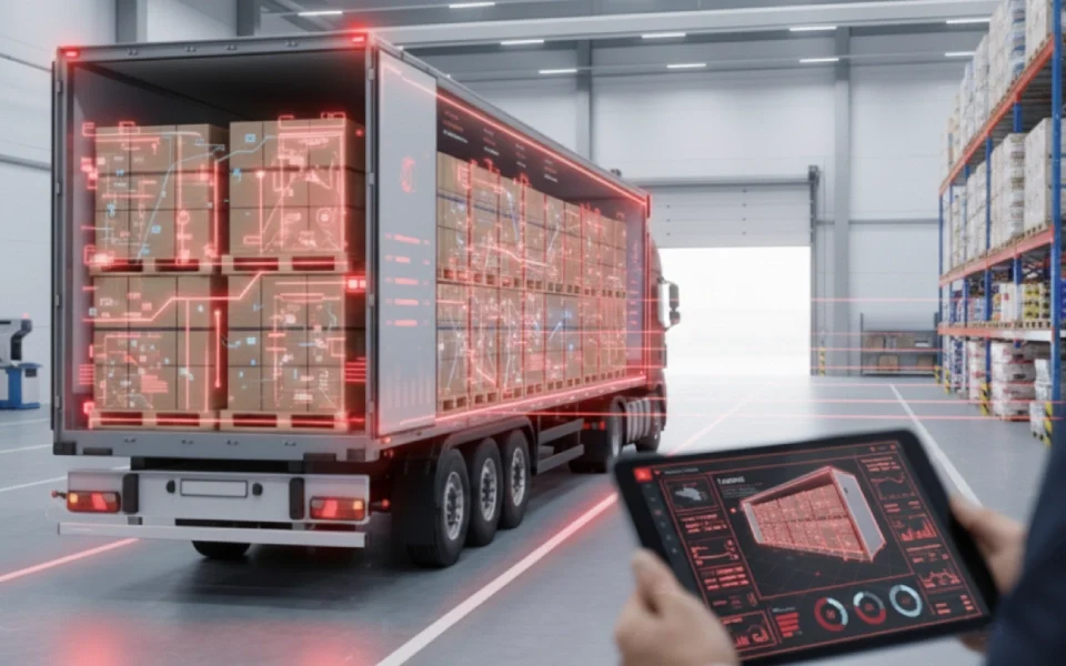 araç yükleme planlama yazılımı ile optimize edilmiş palet dizilimini ve tır doluluk simülasyonunu gösteren akıllı lojistik deposu