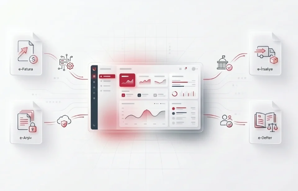 Uni-Dox tek platform e-Dönüşüm yönetim ekranı ve ERP entegrasyonu veri akışı